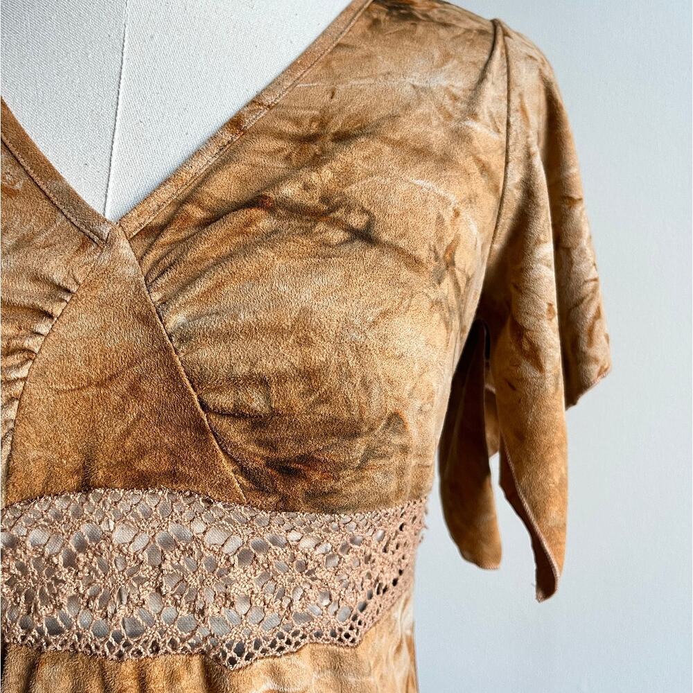 Vintage 90s Bias Cut Dress | Brown Tie Dye Velour | Crochet Waist Trim | Size S